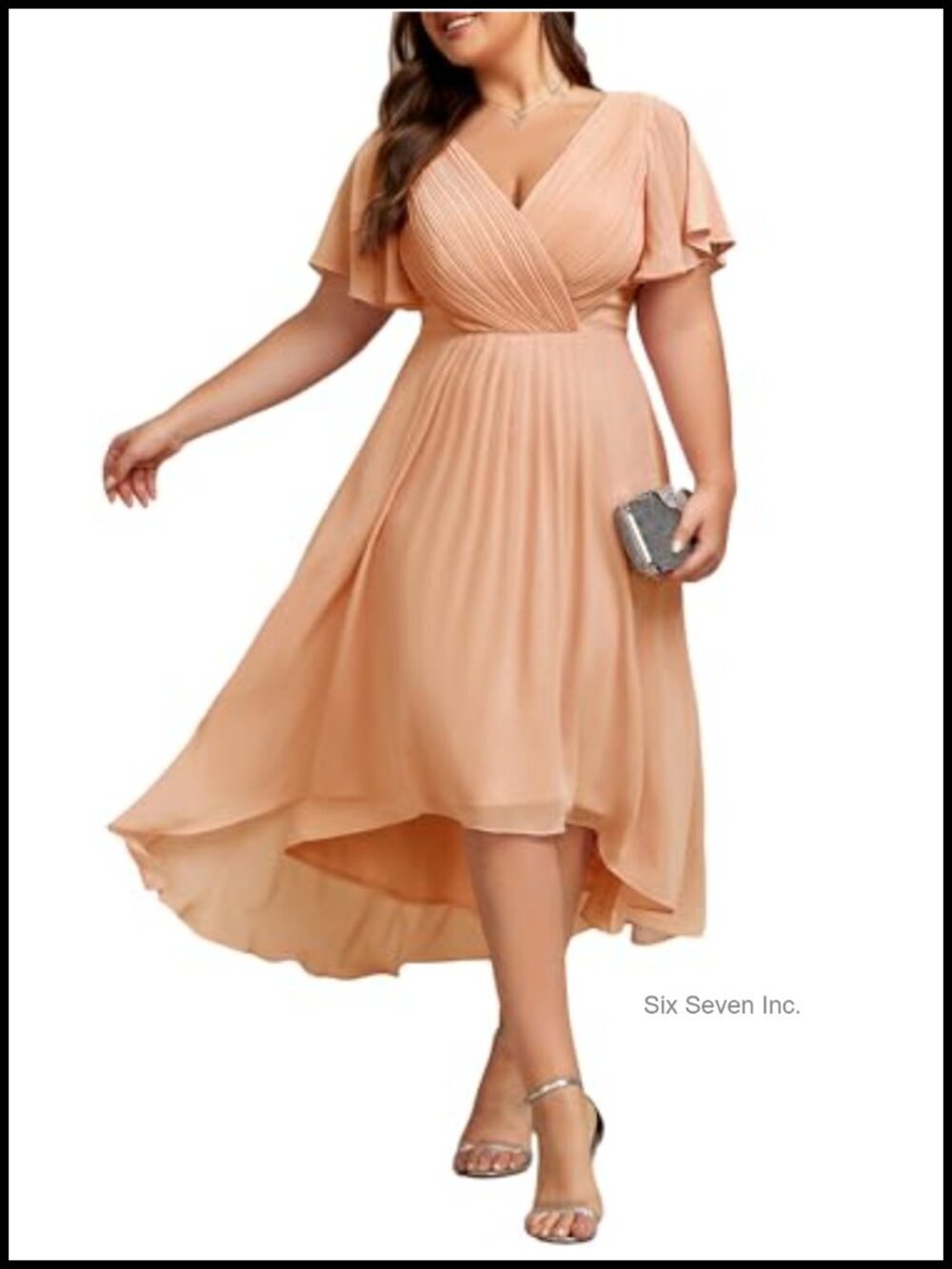 Plus Size High Low Chiffon Wedding Guest Dress V-Neck Flutter Sleeve